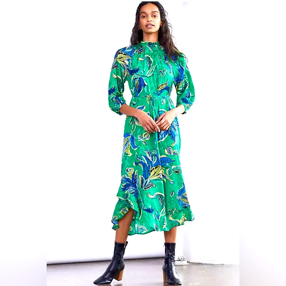 NWT Anthropologie Maeve Mock Neck Dress Maxi Midi Green Summer Paisley Large
